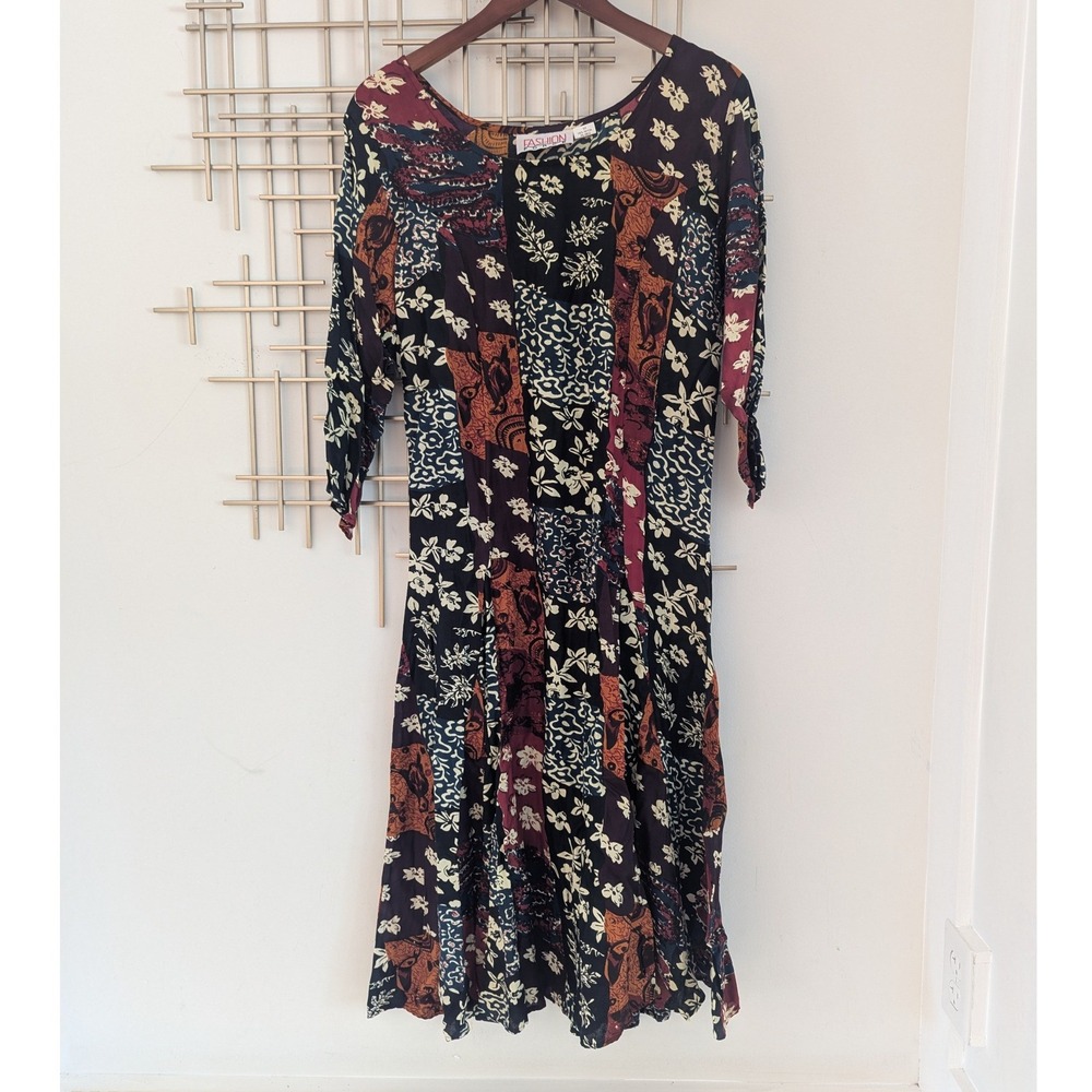 VTG 90's Fashion Force Patchwork Floral Midi Dress Long Sleeve‎ Womens Sz M Boho